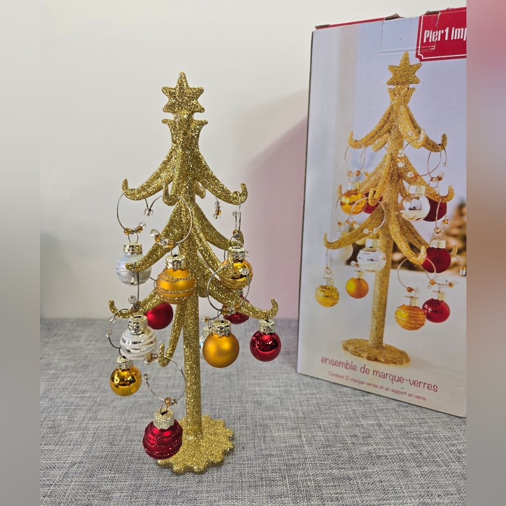 Vintage Pier 1 Imports Christmas Drink‎ Charm Set Tree 12 Charms Gold With Box